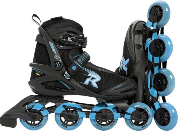 Zwarte inline skates met blauwe wielen en details.