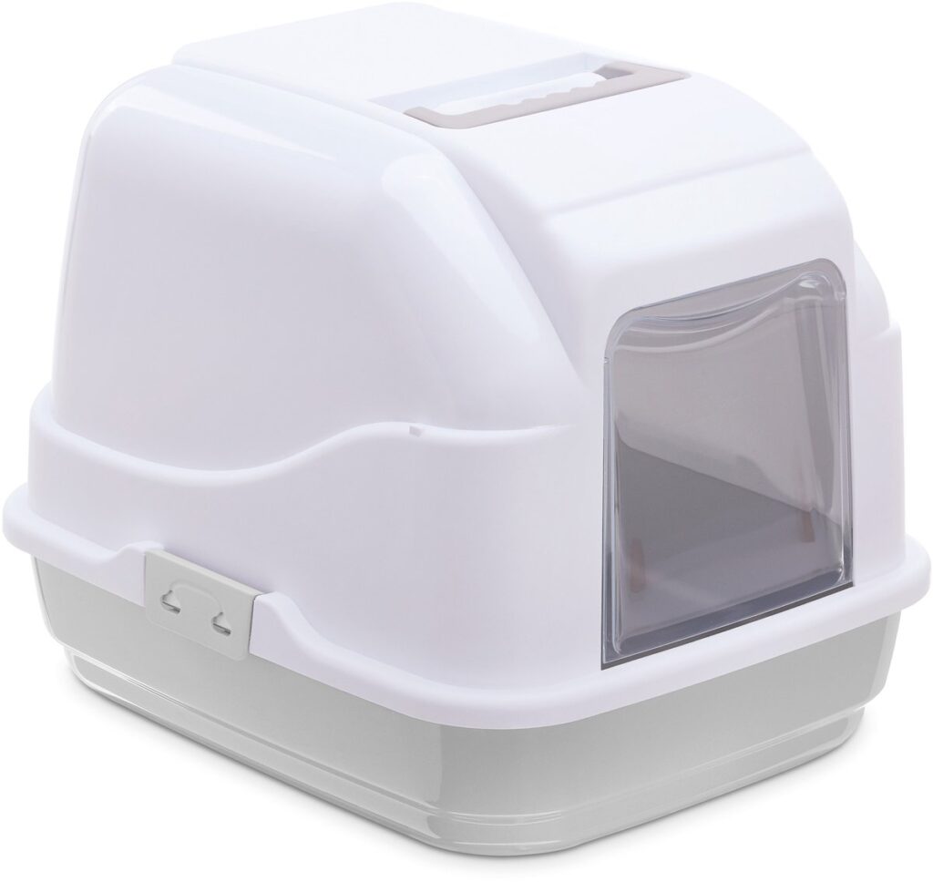 Witte kattenbak met deksel en doorzichtige deur