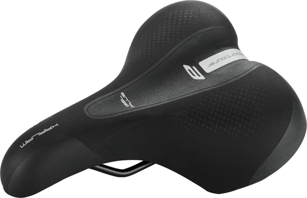 Black ergonomic bike saddle with a wide seat