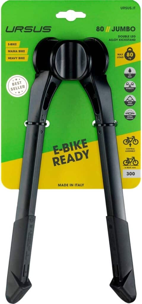 Dubbele standaard voor e-bike, stevig en stabiel.