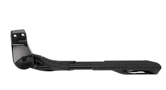 Zwart verstelbaar fietsstandaard geïsoleerd op witte achtergrond.