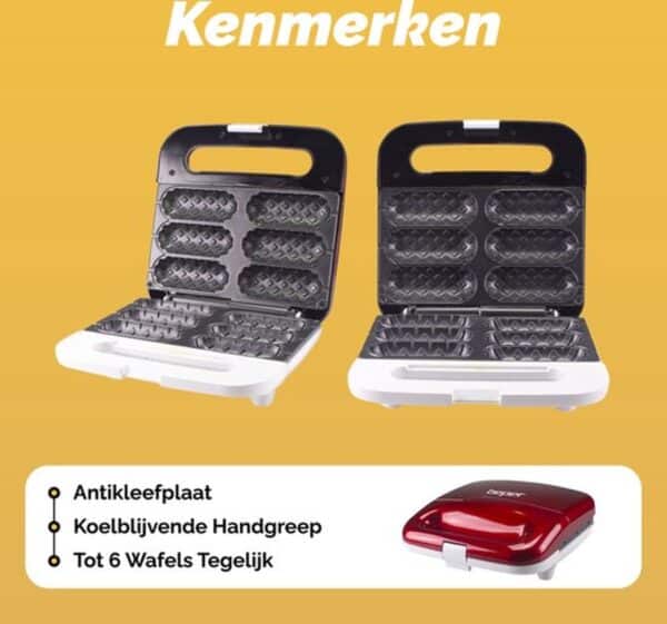 Wafelijzer met antikleefplaat, koele handgreep, 6 wafels tegelijk.