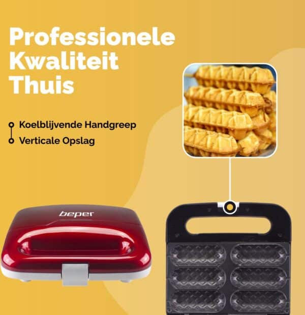 Wafelijzer met koelblijvende handgreep en verticale opslag.