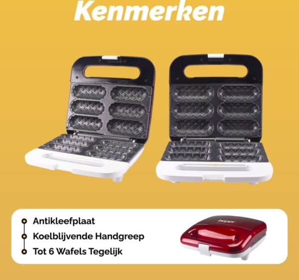 Wafelijzer met antikleefplaat en koelende handgreep.