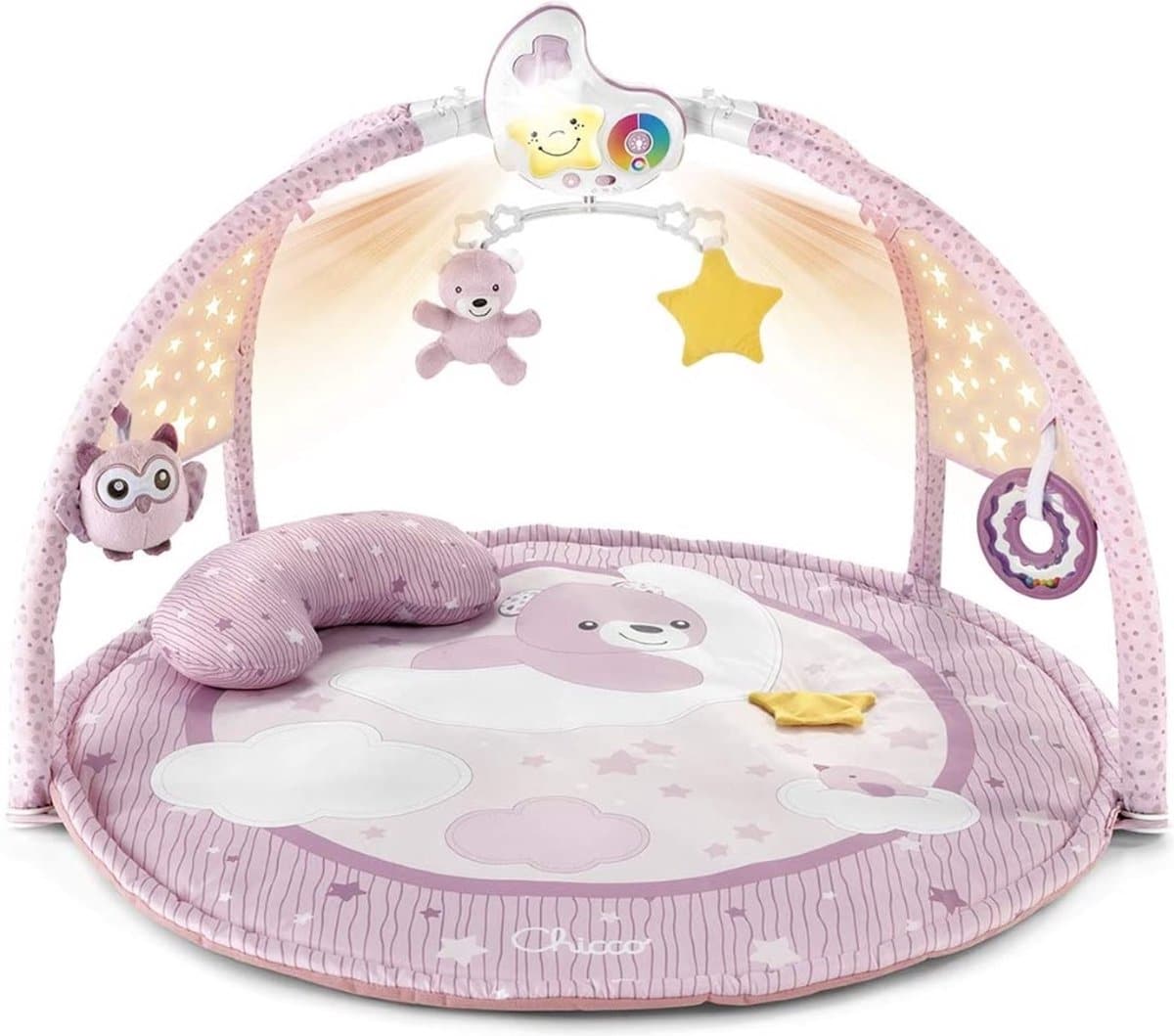 Roze speelkleed met hangende speeltjes voor baby's.