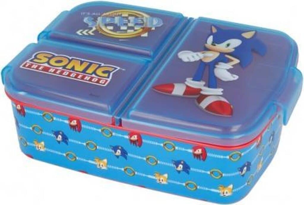 Blauwe lunchbox met Sonic-thema en afbeelding.
