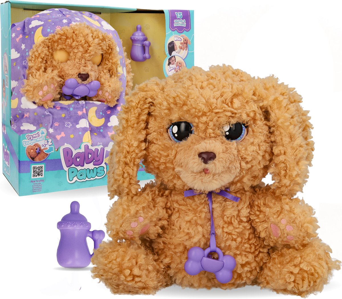 Pluche knuffelhond met flesje en verpakking