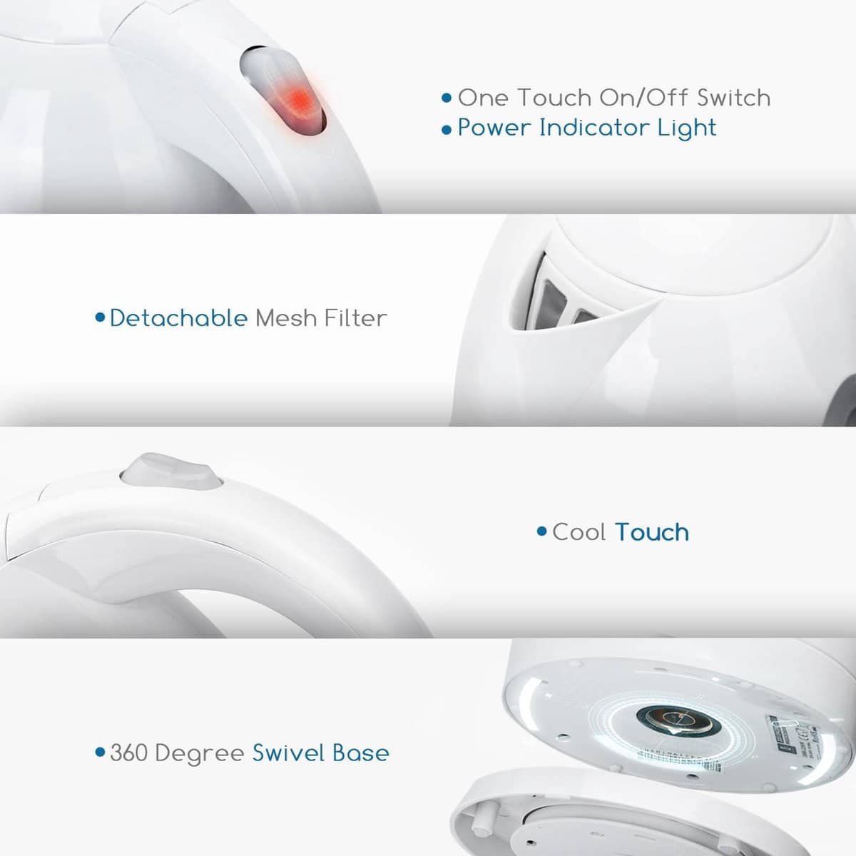 Witte waterkoker met afneembaar filter en draaibare basis.