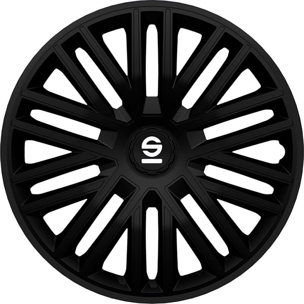 Zwarte wieldop met stralenpatroon en logo in midden.