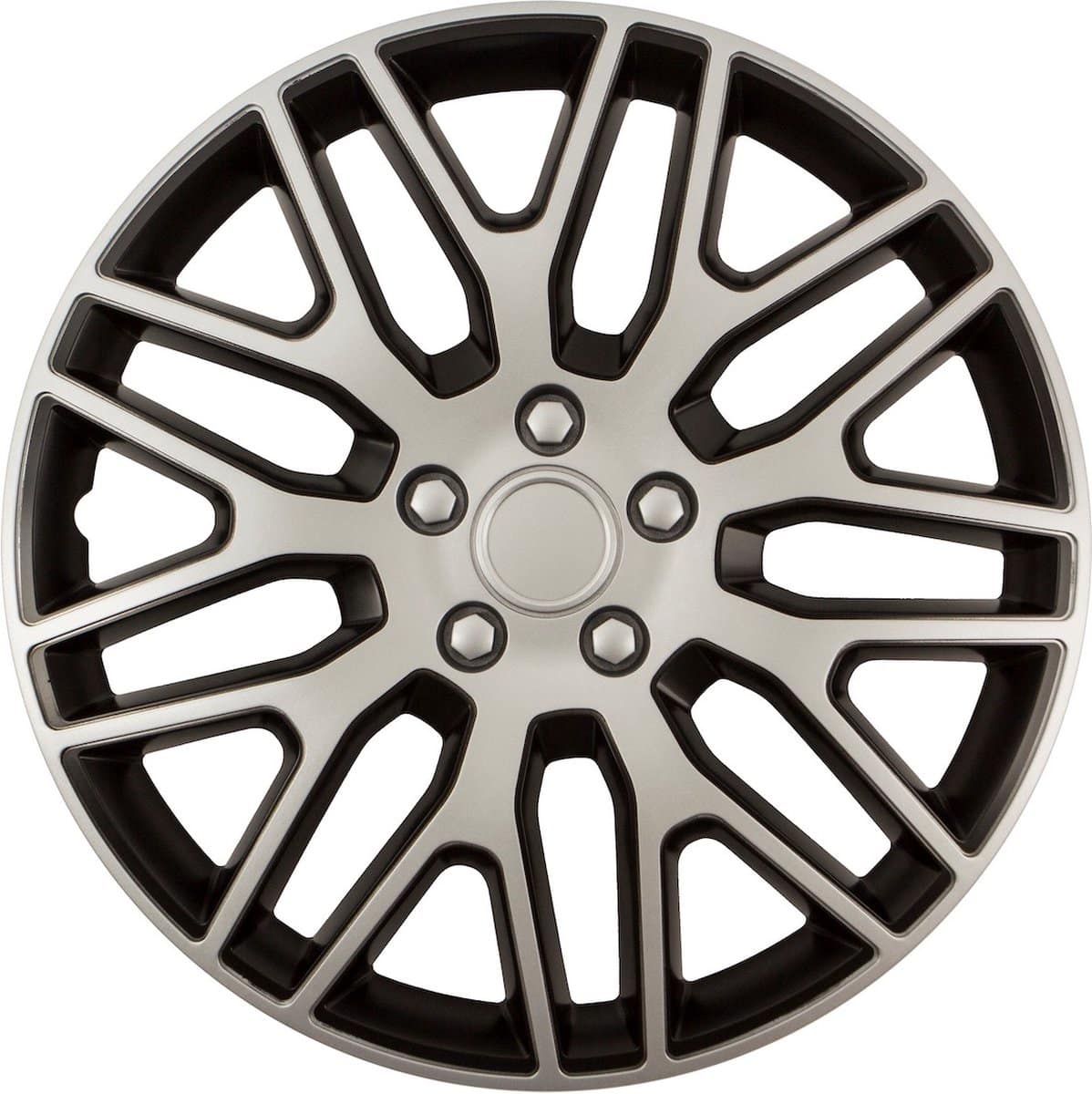 Modern silver wheel cover with a black design