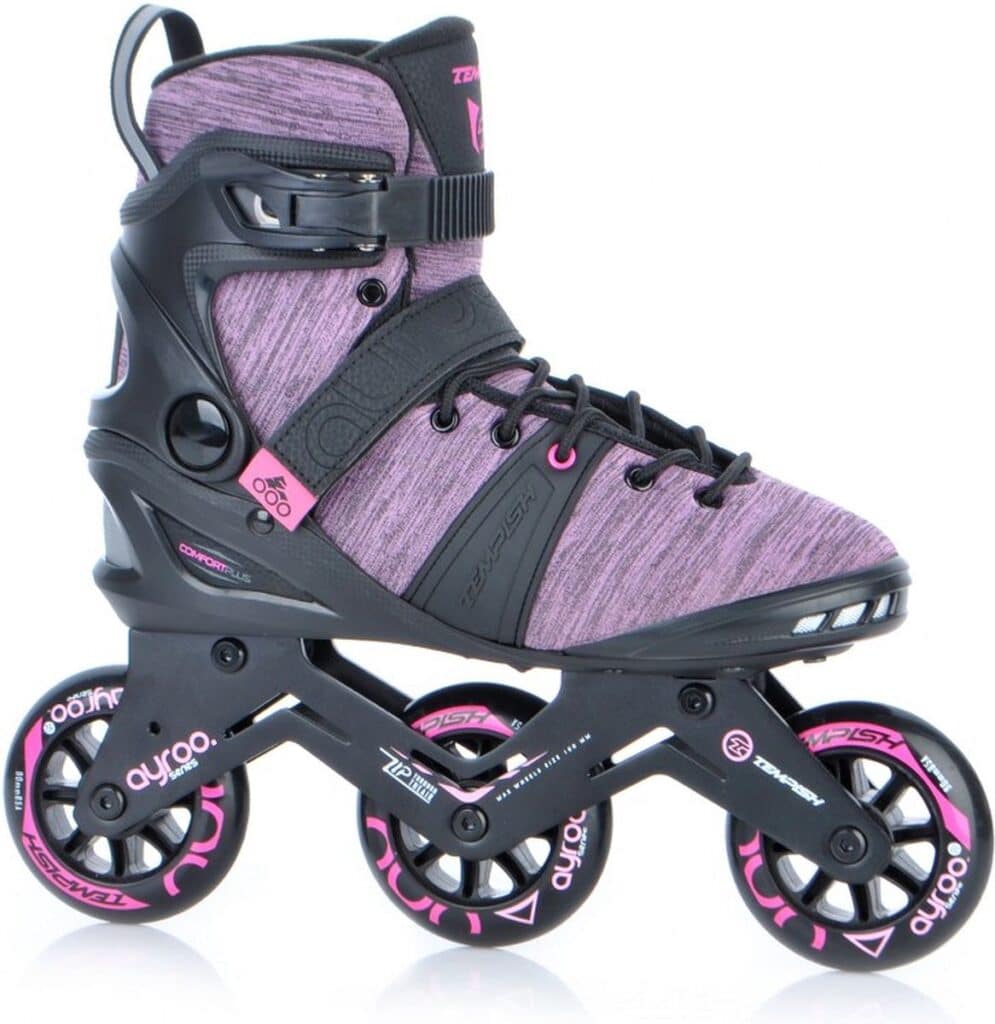 Paarse inline skate met vier wielen en zwarte details.