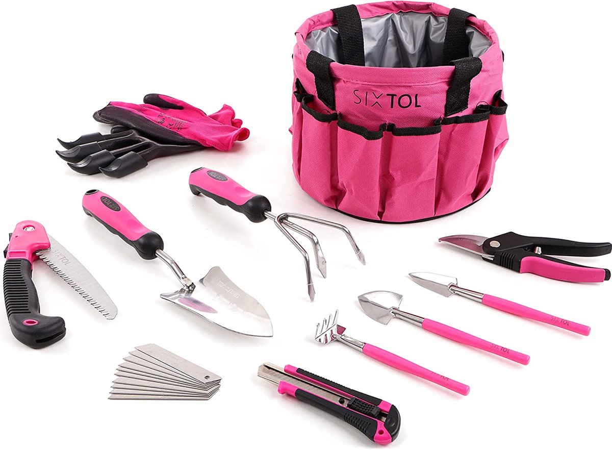 Roze tuinset met gereedschap en opbergtas