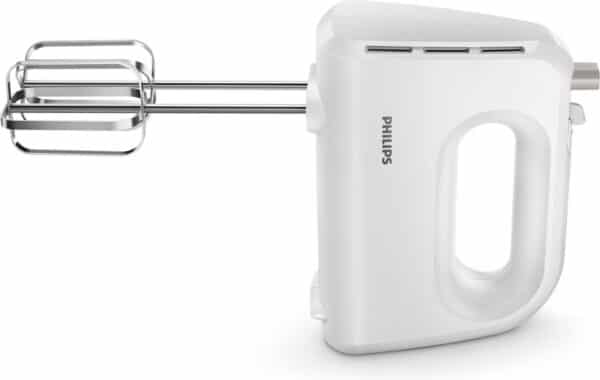 Witte handmixer met metalen gardes van Philips.