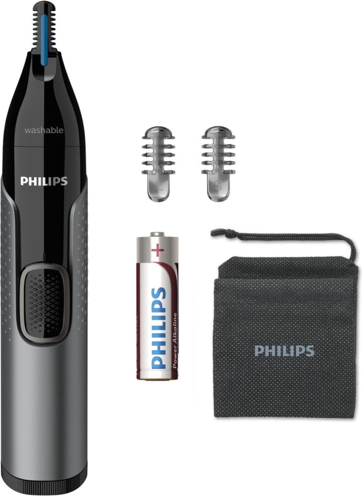 Philips neustrimmer met accessoires en etui.