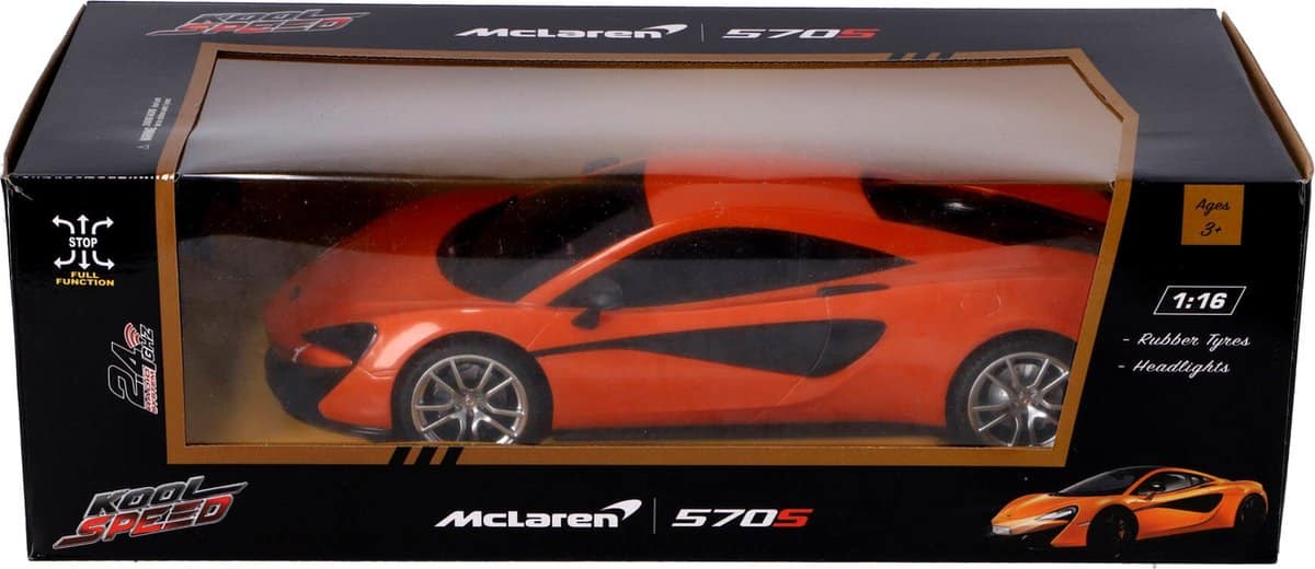 Oranje McLaren 570S speelgoedauto in doos