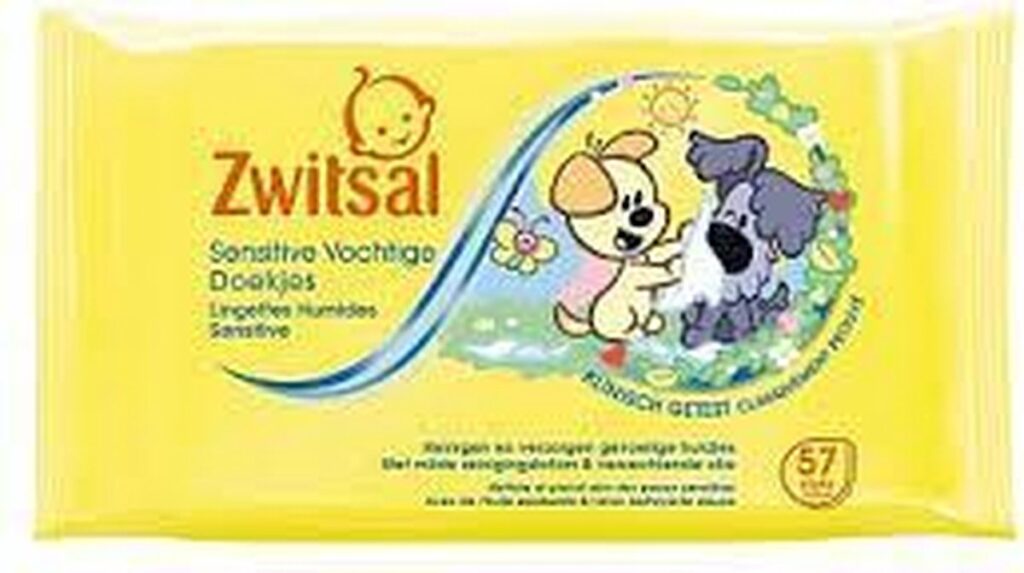Packaging for Zwitsal Sensitive wet wipes with an illustration