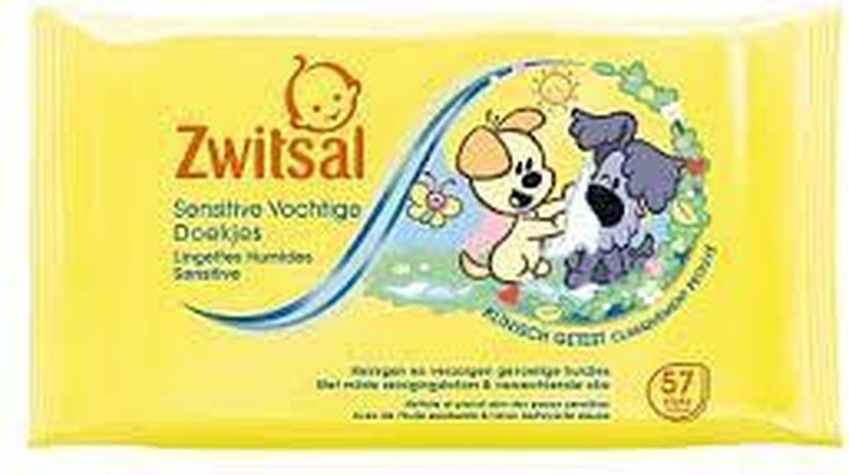 Packaging for Zwitsal Sensitive wet wipes with an illustration
