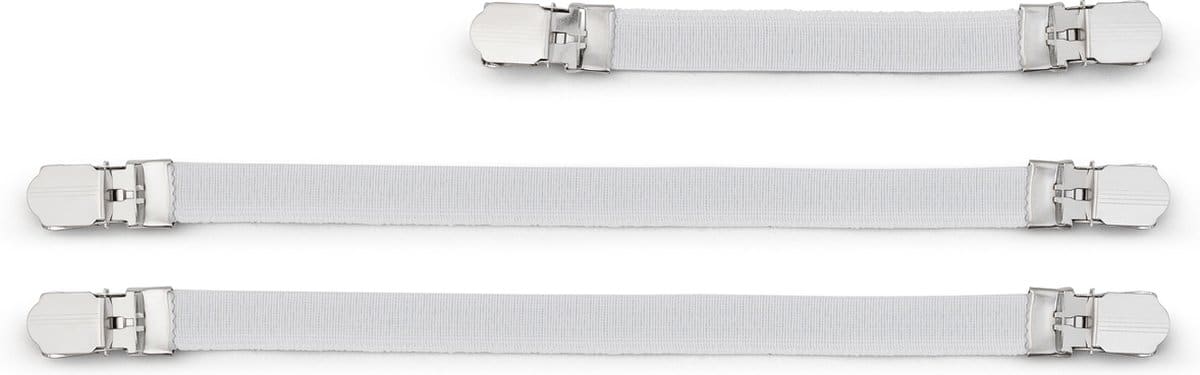 Drie witte bedlakenspanners met metalen clips