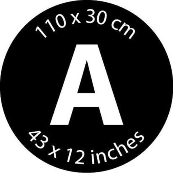 Rond label, afmetingen 110x30 cm en 43x12 inch