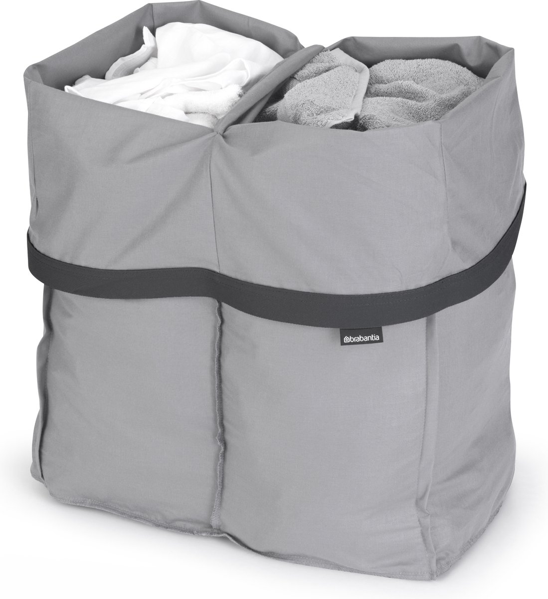 Grijze wasmand met witte en grijze handdoeken.