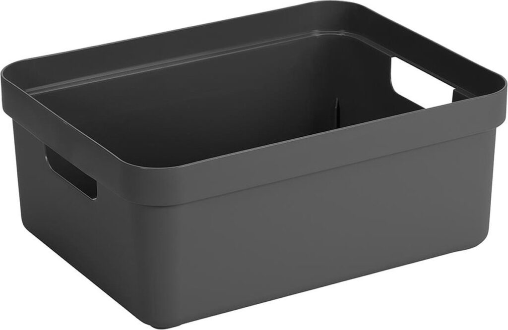 Donkergrijze plastic opbergdoos met handgrepen
