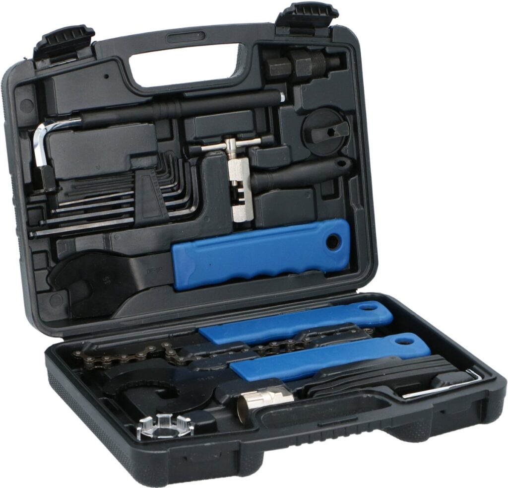 Fietsgereedschapsset met diverse tools in koffer.