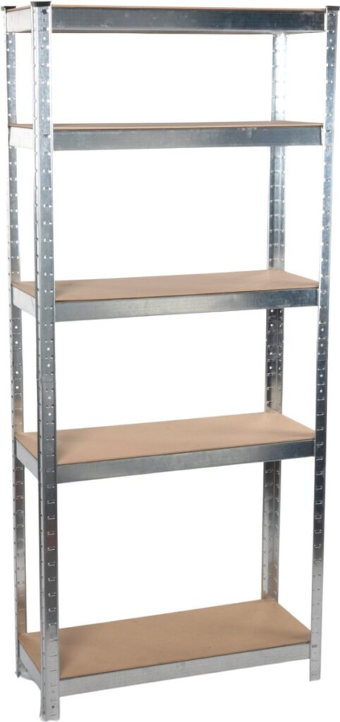 Metalen stellingkast met vijf planken.