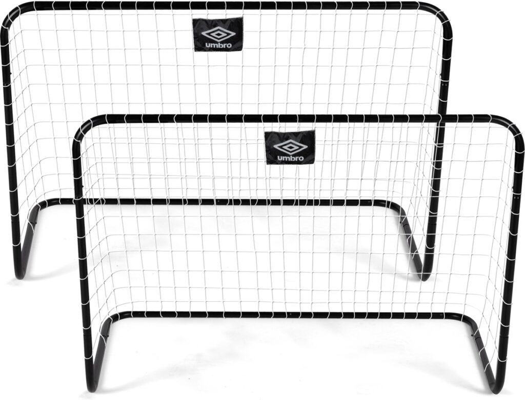 Twee zwarte mini voetbaldoelen met wit net