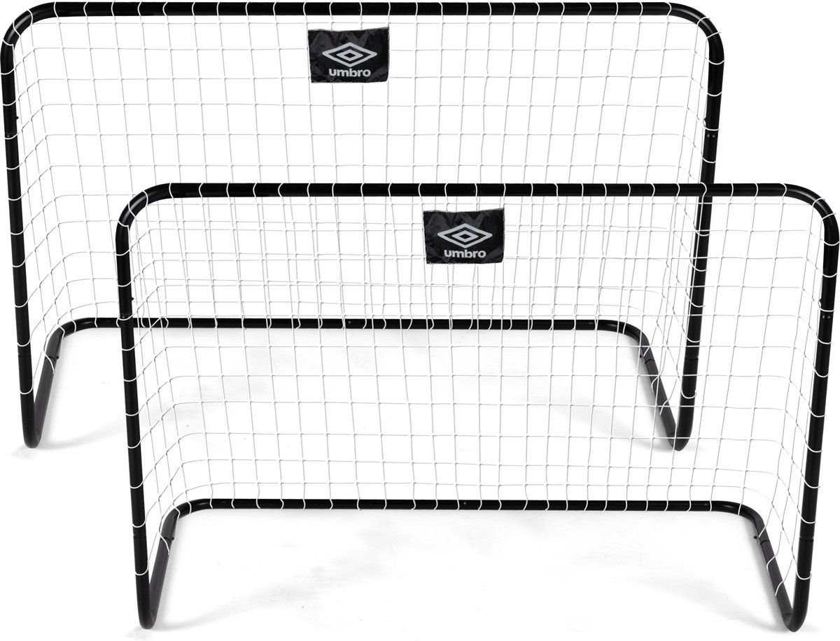 Twee zwarte mini voetbaldoelen met wit net
