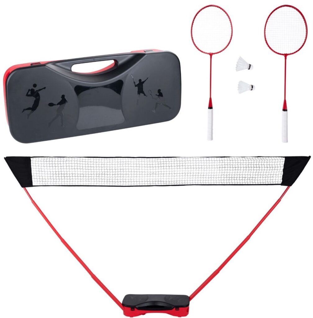 Badminton set with rackets, net, and carrying case