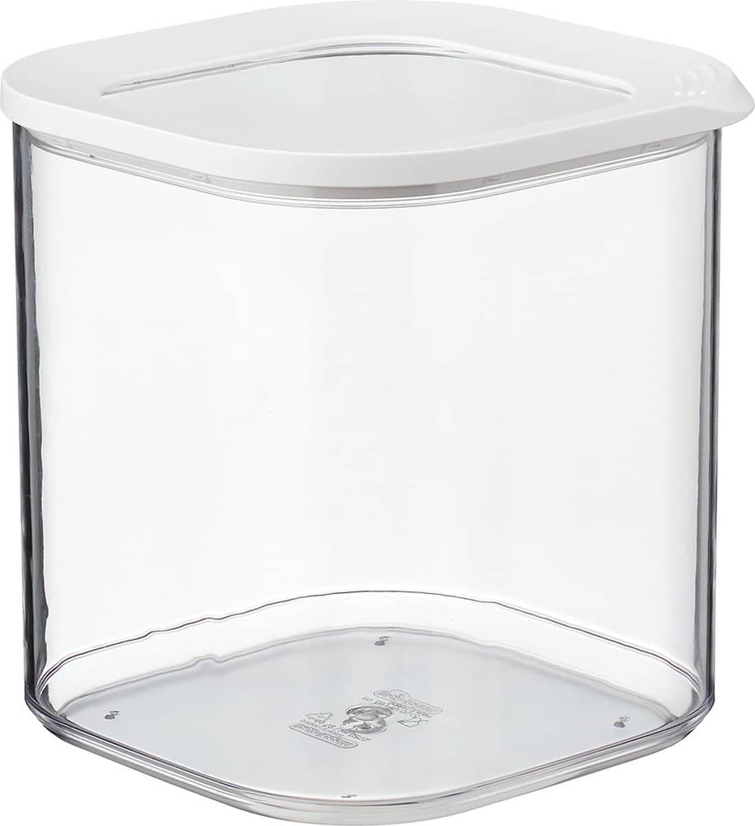 Doorzichtige voorraadpot met wit deksel.