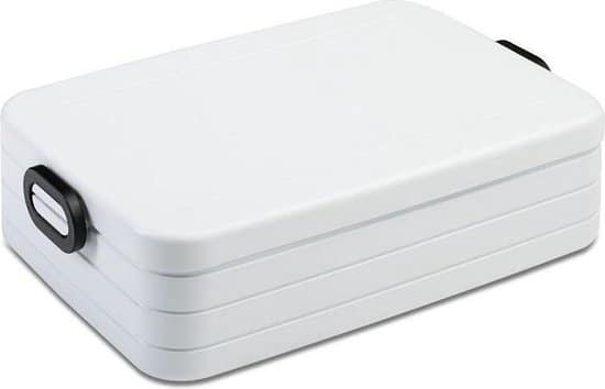 Witte rechthoekige plastic lunchbox met handvat.
