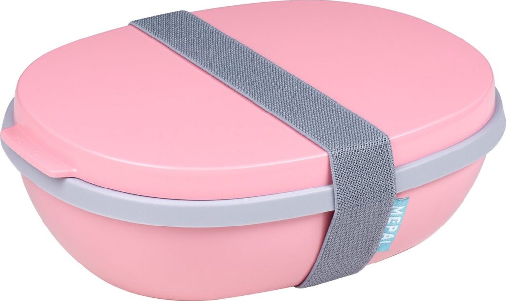 Roze lunchbox met grijze elastische band