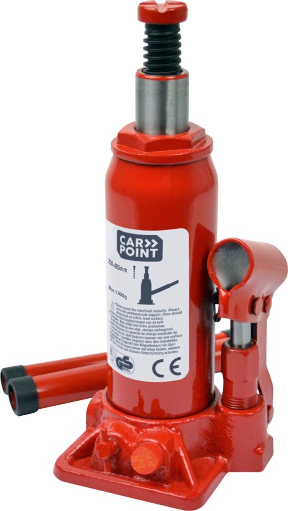 Rode hydraulische krik met witte etiketten