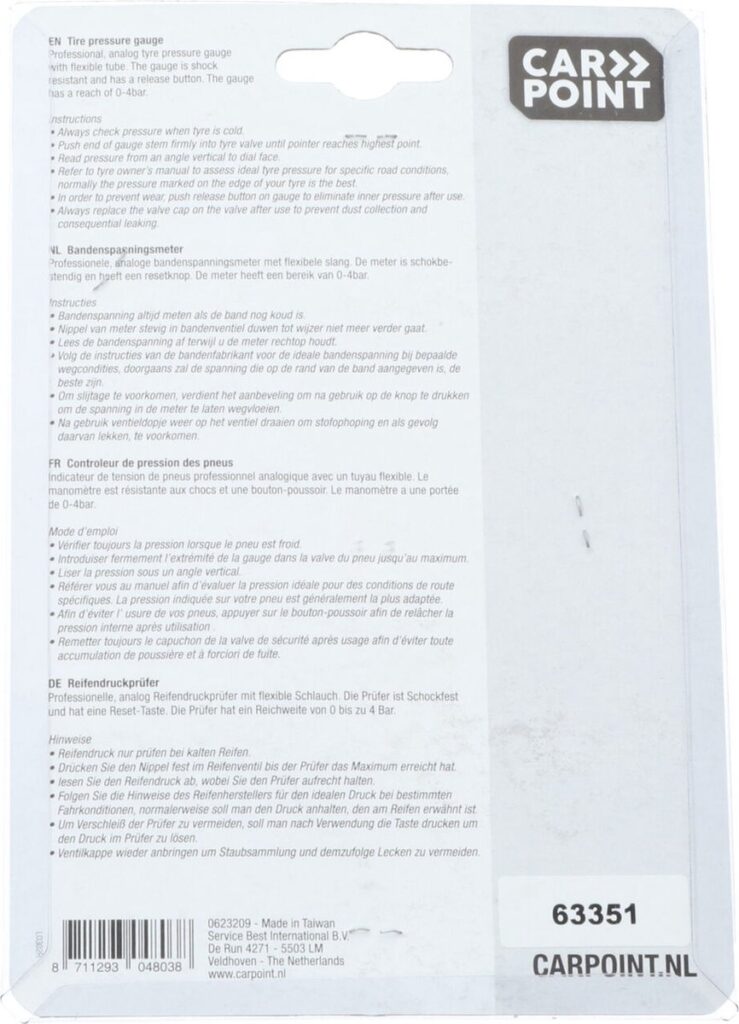 CarPoint bandenspanningsmeter verpakking achterkant met instructies.
