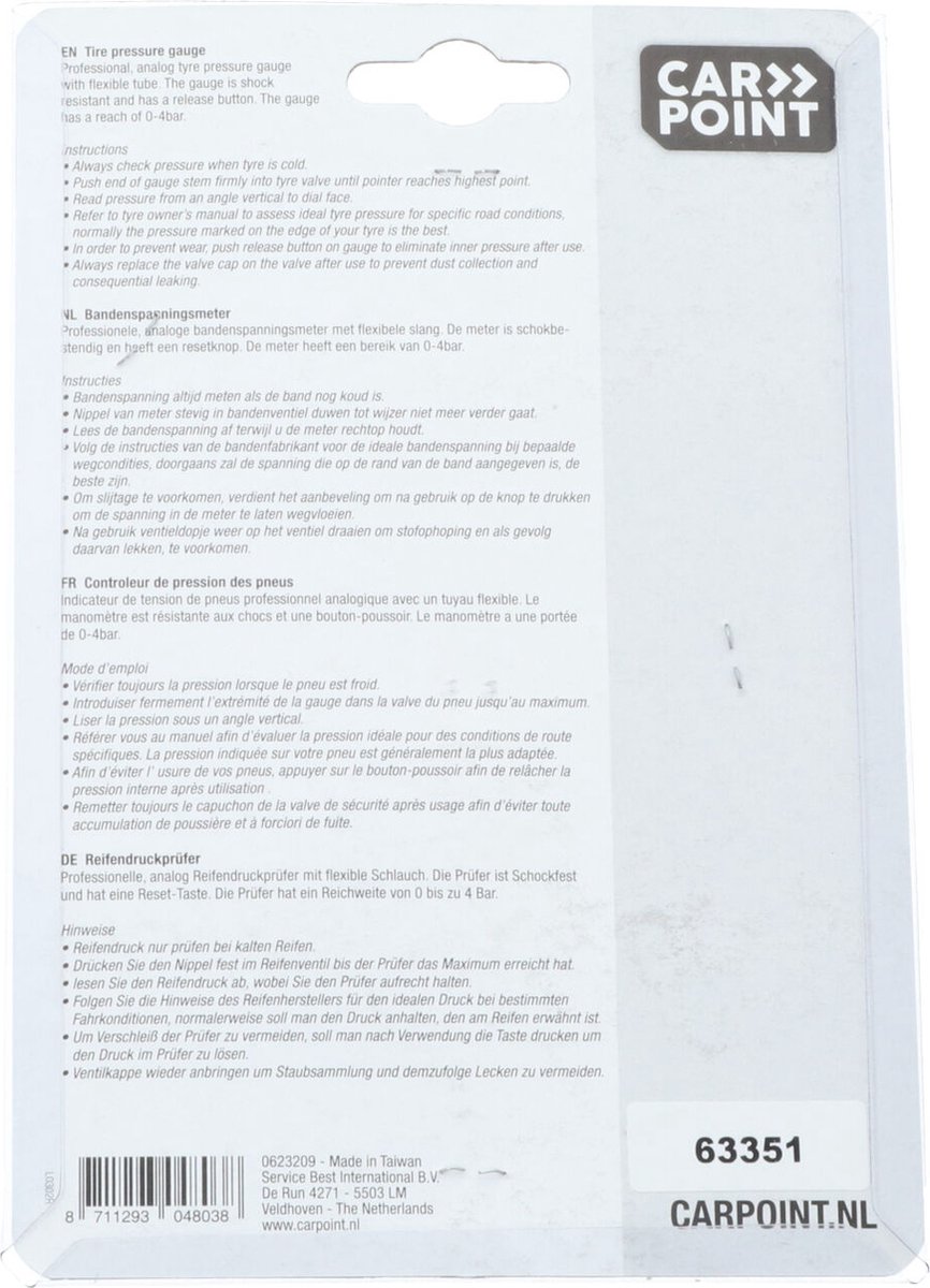 CarPoint bandenspanningsmeter verpakking achterkant met instructies.