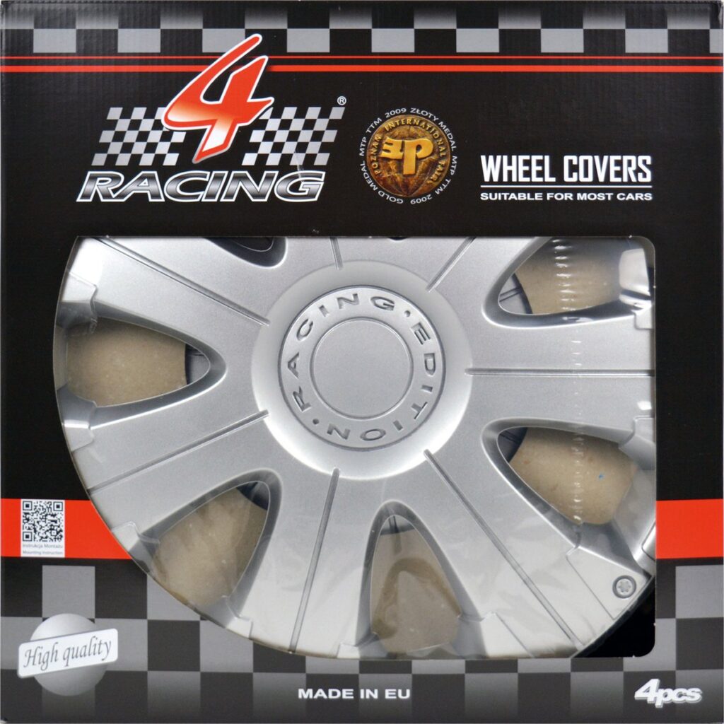 Zilveren wieldeksel voor auto's, racemerk verpakking.