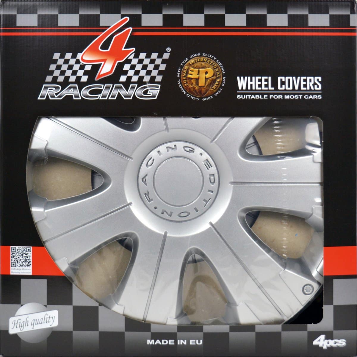 Zilveren wieldeksel voor auto's, racemerk verpakking.