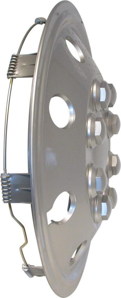Metal wheel cover with mounting clamps and bolts