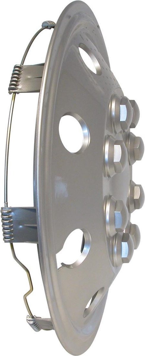 Metal wheel cover with mounting clamps and bolts