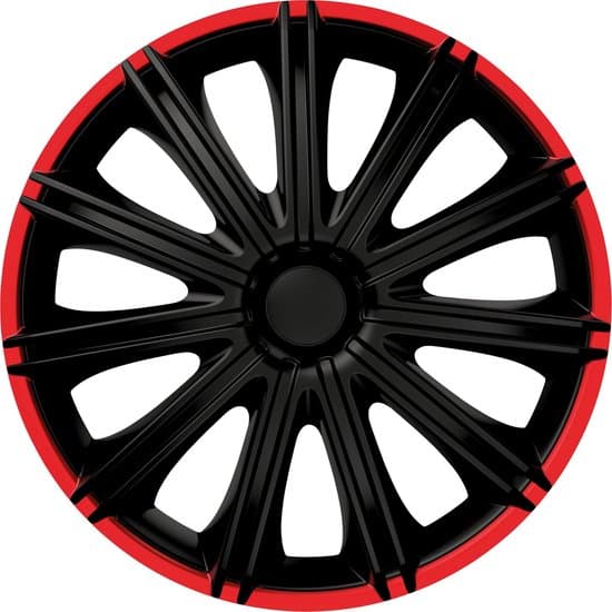 Black-and-red wheel cover with spokes, top view.