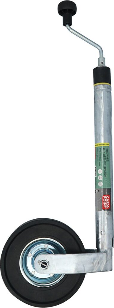 Verstelbaar neuswiel voor aanhanger met krikfunctie.