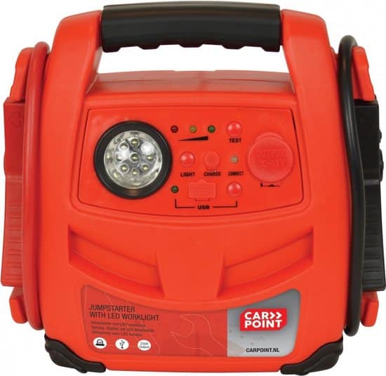 Rode draagbare jumpstarter met LED-verlichting en USB-poort