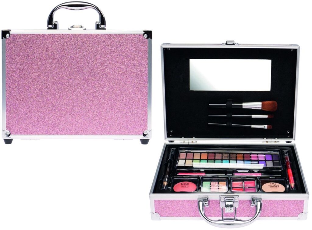 Roze make-upkoffer met open en gesloten weergave.