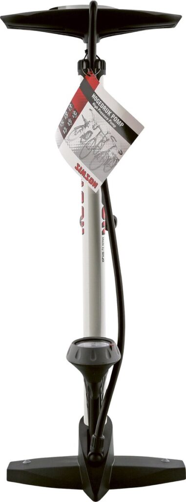 Black high-pressure bicycle pump with pressure gauge and hose