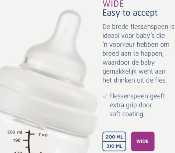 Brede flessenspeen, makkelijk drinkbaar voor baby's.