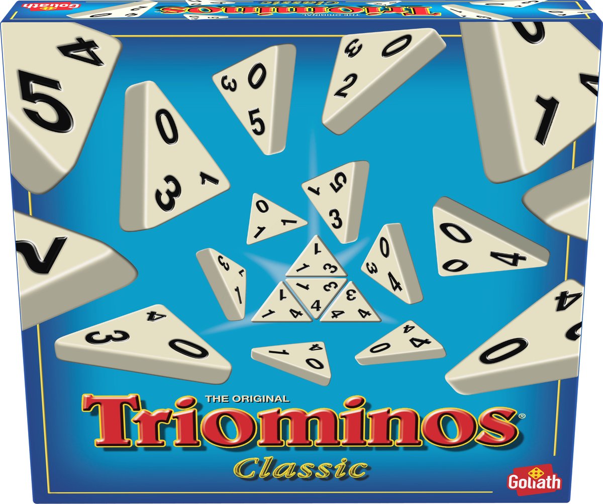 Triominos Classic doos met driehoekige stenen.