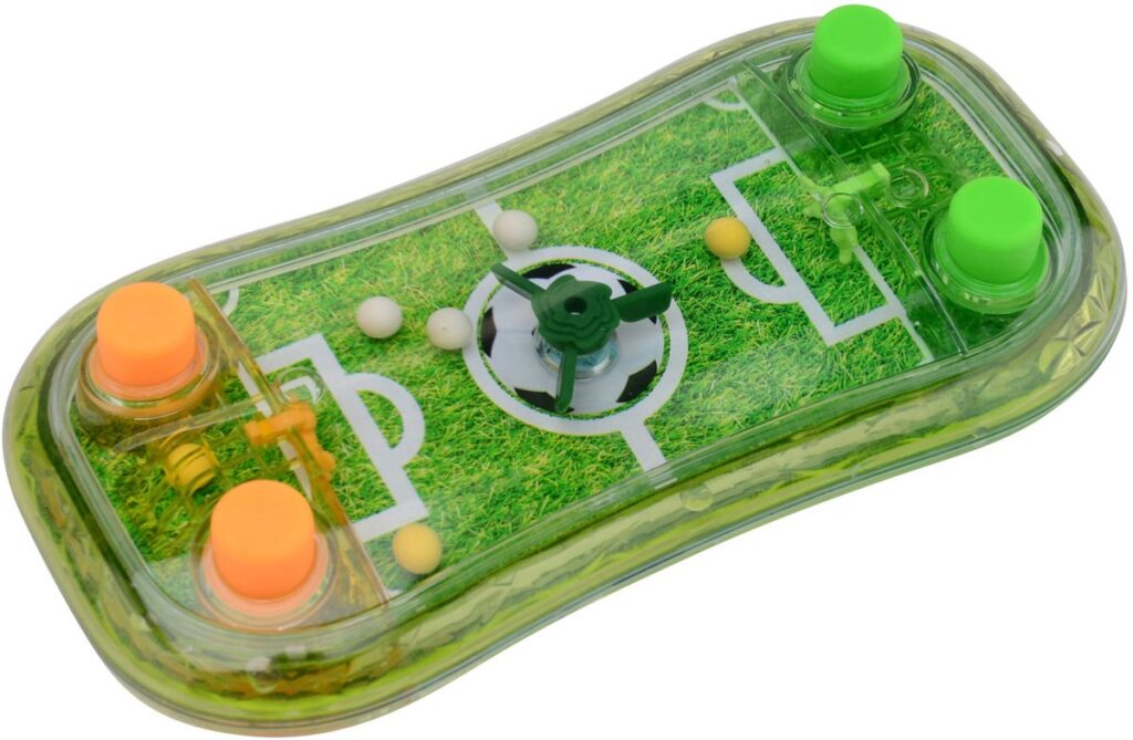 Manual soccer game with colorful buttons and field print.