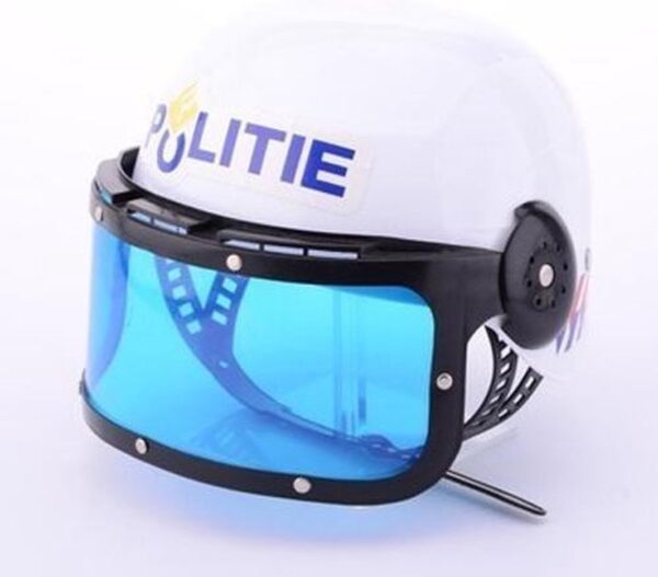 Witte politiehelm met blauw vizier.