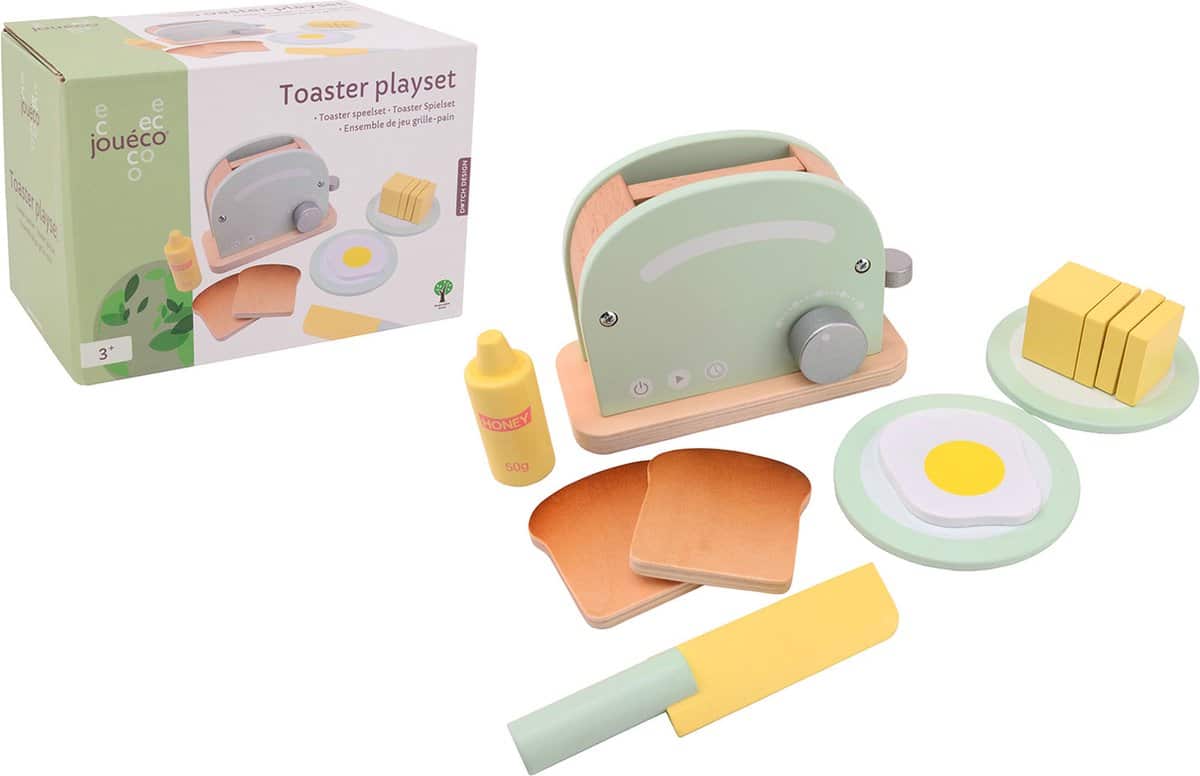 Houten broodrooster speelgoedset met accessoires.